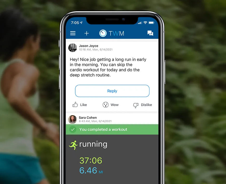 TrainWithMe app showing a personalized coaching message