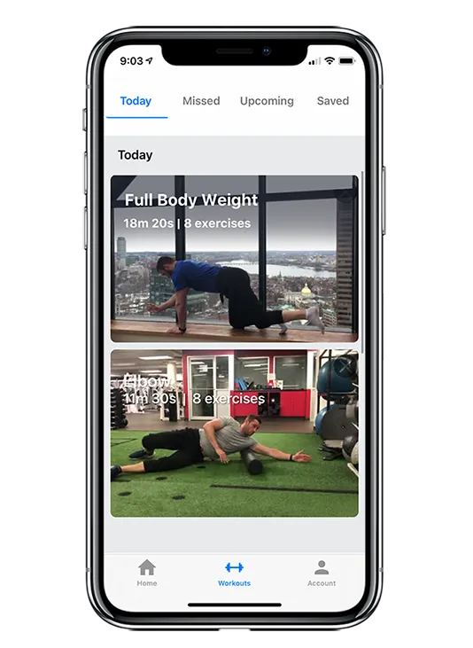 TrainWithMe fitness app on a smartphone showing personalized workouts